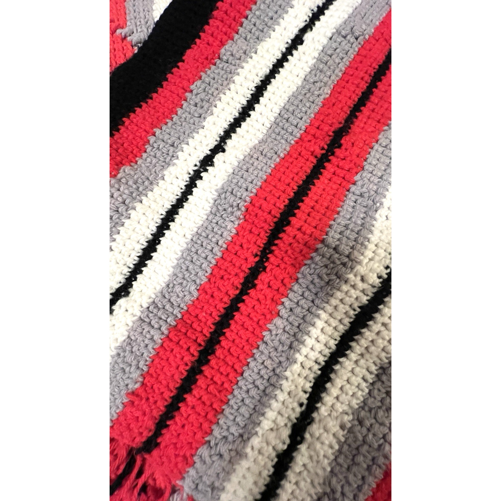 Handmade Crochet Afghan 52" x 68" Striped Red Gray White Couch Throw Blanket - Picture 6 of 6